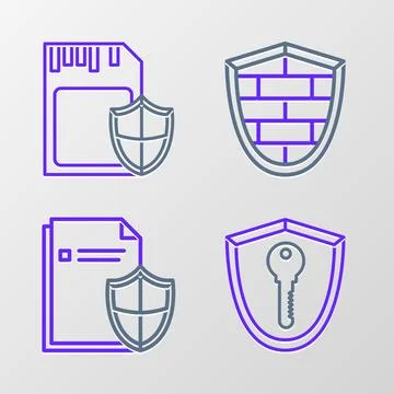 Set line Shield with key, Document protection concept, cyber security brick wall Stock Illustration