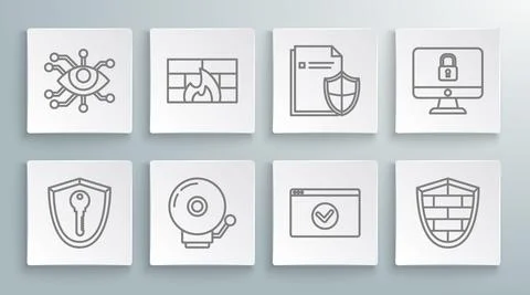 Set line Shield with key, Firewall, security wall, Ringing alarm bell, Secure Stockillustratie