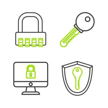 Set line Shield with key, Lock on computer monitor screen, Key and Safe Stock Illustration