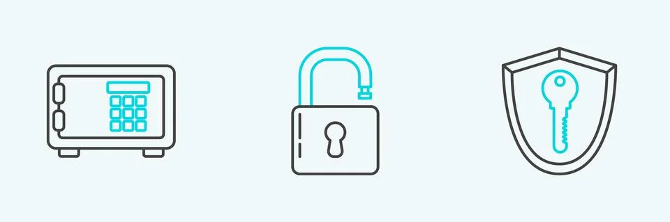 Set line Shield with key, Safe and Open padlock icon. Vector Stock Illustration