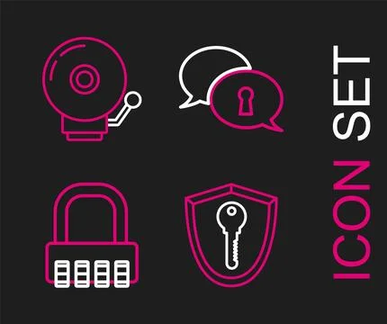 Set line Shield with key, Safe combination lock, Protection of personal data and Stock Illustration