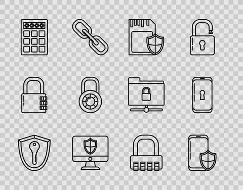 Set line Shield with key, Smartphone security shield, SD card and, Computer Ilustración de archivo