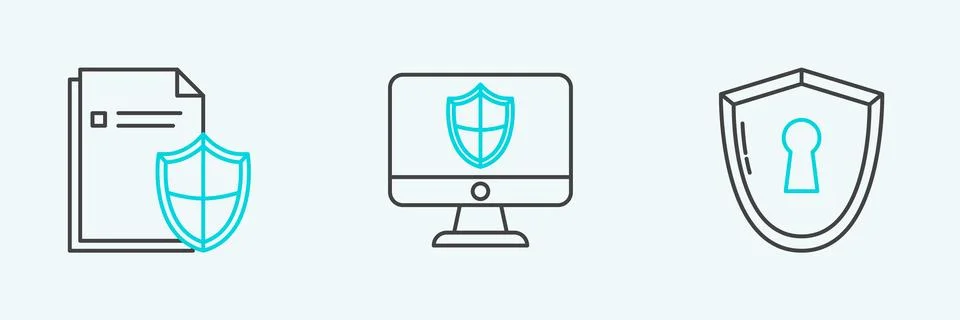 Set line Shield with keyhole, Document protection concept and Computer moni.. Stock Illustration