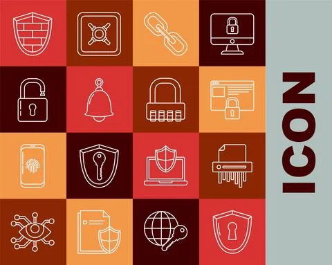 Set line Shield with keyhole, Paper shredder confidential, Secure your site 库存插图