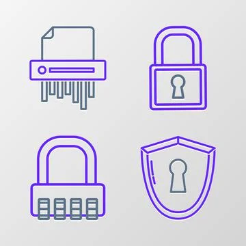 Set line Shield with keyhole, Safe combination lock, Lock and Paper shredder 库存插图