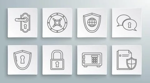 Set line Shield with keyhole, Safe, Lock, Document protection concept, worl.. Illustrazione stock