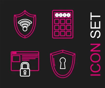 Set line Shield with keyhole, Secure your site HTTPS, SSL, Password protection 库存插图