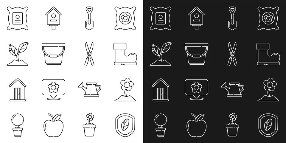 Set line Shield with leaf, Flower, Waterproof rubber boot, Shovel, Bucket, Plant Illustration