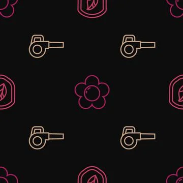 Set line Shield with leaf, Leaf garden blower and Flower on seamless pattern Illustrazione stock