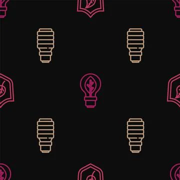 Set line Shield with leaf, LED light bulb and Light on seamless pattern. Vector Illustrazione stock
