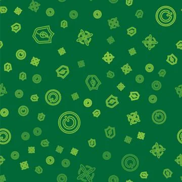Set line Shield with leaf, Power button and Wind turbine on seamless pattern Illustrazione stock