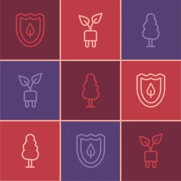 Set line Shield with leaf, Tree and Electric saving plug in icon. Vector Illustrazione stock
