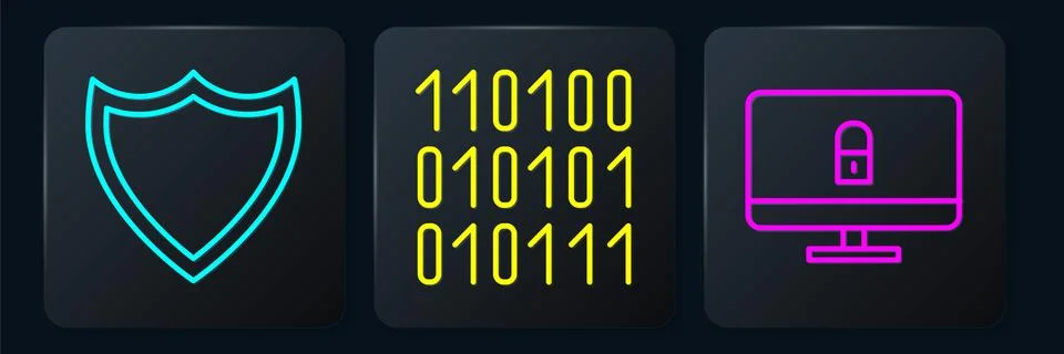Set line Shield, Lock on computer monitor and Binary code. Black square button Stock Illustration