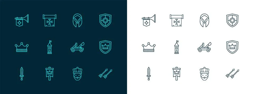 Set line Shield, Medieval flag, catapult, King with crown, Castle tower, he.. Stock Illustration