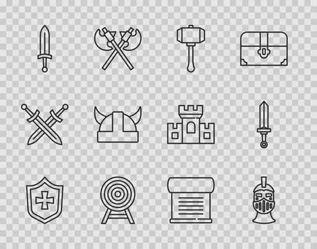 Set line Shield, Medieval iron helmet, Hammer, Target with arrow, sword, Vi.. Ilustración de archivo