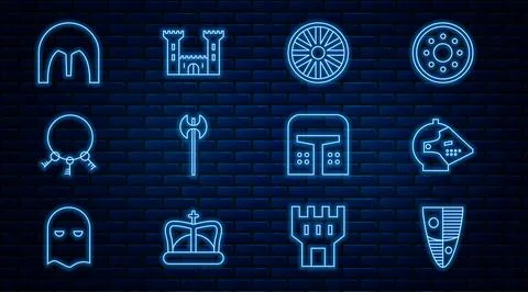 Set line Shield, Medieval iron helmet, Old wooden wheel, axe, keys,  and Ca.. Ilustración de archivo