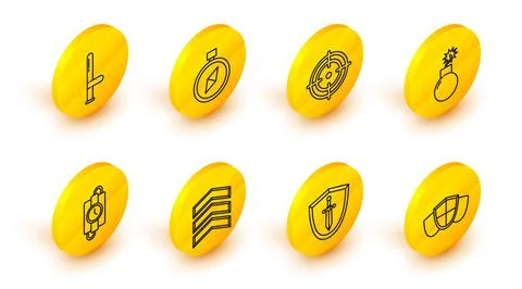 Set line Shield, Medieval shield with sword, Military rank, dynamite stick and 스톡 일러스트