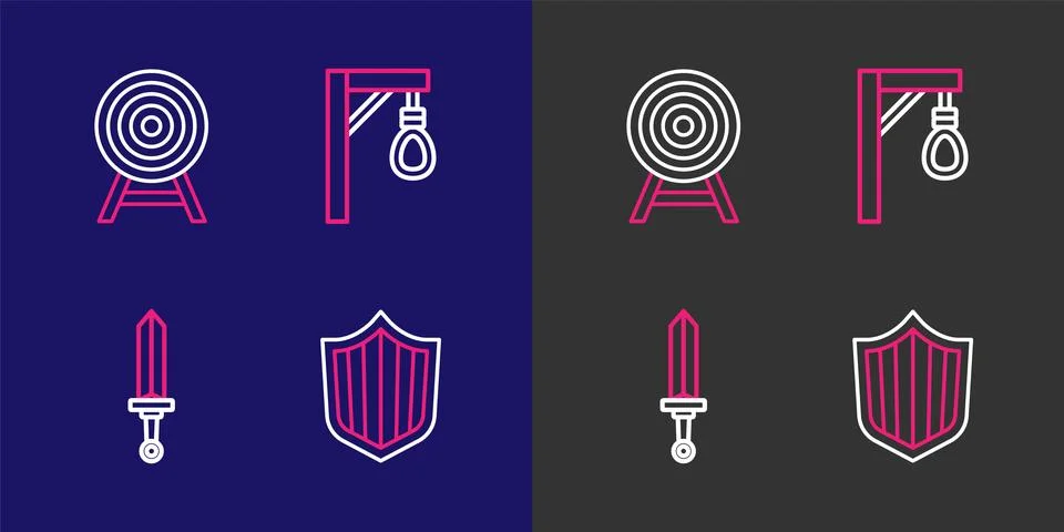 Set line Shield, Medieval sword, Gallows and Target with arrow icon. Vector Illustrazione stock