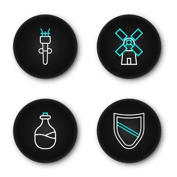 Set line Shield, Old bottle of wine, Windmill and Torch flame icon. Vector Stock Illustration