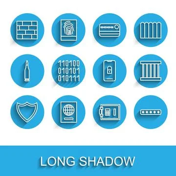 Set line Shield, Passport, Bricks, Safe, Password protection, Binary code Stock Illustration