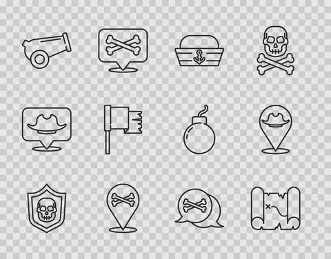Set line Shield with pirate skull, Pirate treasure map, Sailor hat, Location Illustrazione stock