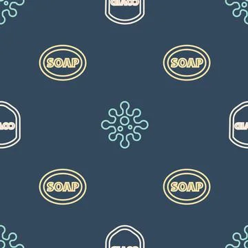 Set line Shield protecting from virus, Bar of soap and Virus on seamless pattern Stock Illustration