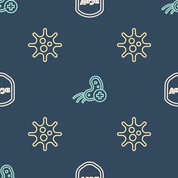 Set line Shield protecting from virus, Virus and Positive on seamless pattern Stock Illustration