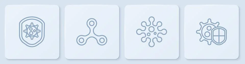Set line Shield protecting from virus, Virus, and . White square button. Vector Stock Illustration