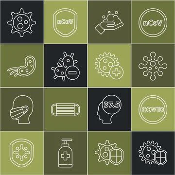 Set line Shield protecting from virus, Corona covid-19, Virus, Washing hands Stock Illustration