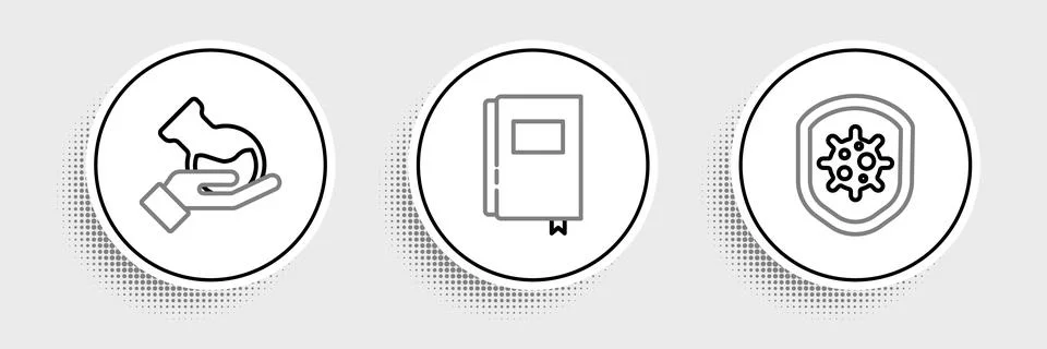 Set line Shield protecting from virus, Test tube and flask and Book icon. Vector Ilustración de archivo