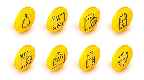 Set line Shield, Safe combination lock, Identification badge, SD card and s.. Stock Illustration