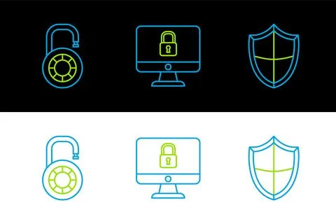 Set line Shield, Safe combination lock wheel and Lock computer monitor scre.. Stock Illustration