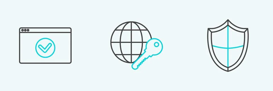 Set line Shield, Secure your site with HTTPS, SSL and Globe key icon. Vector 스톡 일러스트
