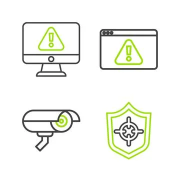 Set line Shield, Security camera, Browser with exclamation mark and Monitor icon イラスト素材