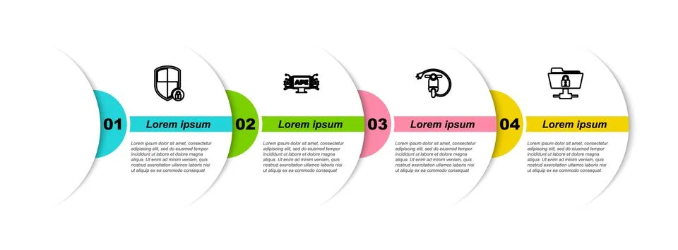 Set line Shield security with lock, Computer api interface, Electric scooter and Illustrazione stock
