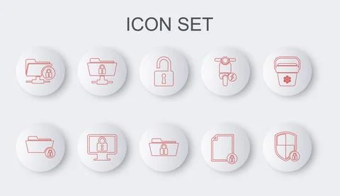 Set line Shield security with lock, Folder and, Open padlock, Document, FTP Illustrazione stock