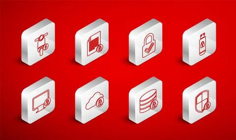 Set line Shield security with lock, Document and, Lock check mark, USB flash Stock Illustration