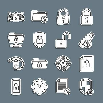 Set line Shield security with lock, Document and, USB flash drive, Broken or Stock Illustration