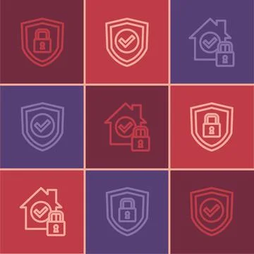 Set line Shield security with lock, House under protection and check mark icon 스톡 일러스트