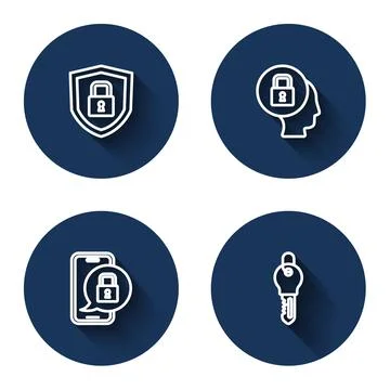 Set line Shield security with lock, Lock, Mobile closed padlock and Key with Stock Illustration