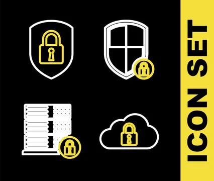 Set line Shield security with lock, Cloud computing, Server and  icon. Vector Stock Illustration