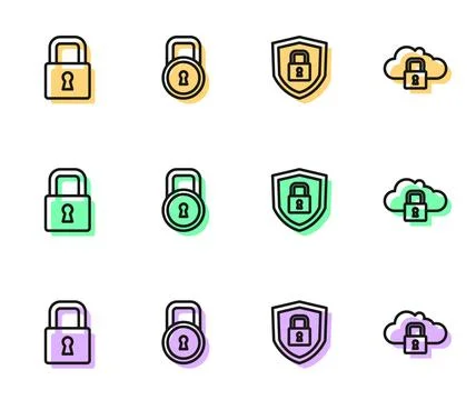 Set line Shield security with lock, Lock, and Cloud computing icon. Vector Stock Illustration