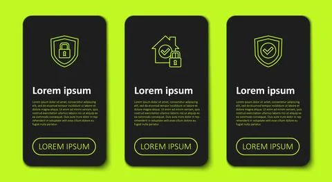 Set line Shield security with lock, House under protection and check mark Stock Illustration
