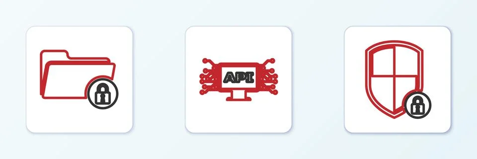 Set line Shield security with lock, Folder and and Computer api interface icon 스톡 일러스트
