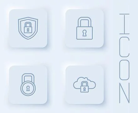 Set line Shield security with lock, Lock, and Cloud computing. White square Stock Illustration