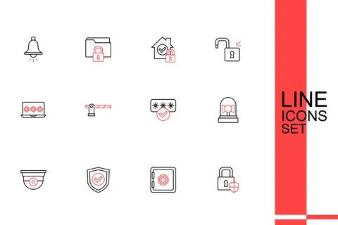 Set line Shield security with lock, Safe, check mark, Security camera, Ring.. Stock Illustration