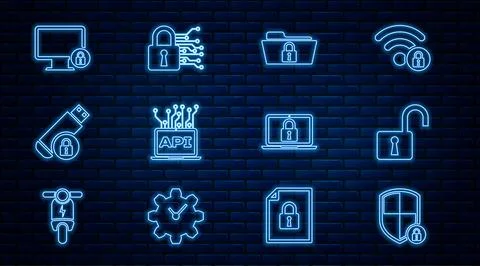 Set line Shield security with lock, Open padlock, Folder and, Computer api .. Stock Illustration