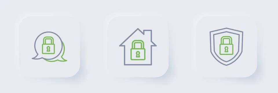 Set line Shield security with lock House under protection and Lock icon. Vect Illustrazione stock