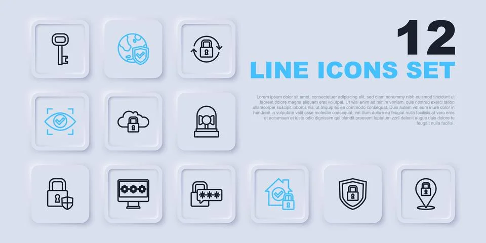Set line Shield security with lock, Lock, Cloud computing, House under prot.. Stock Illustration