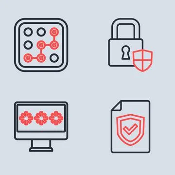 Set line Shield security with lock, Monitor password, Contract shield and G.. Stock Illustration